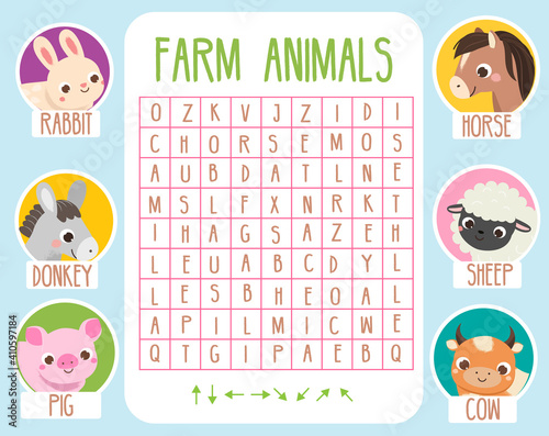 Educational game for children. Word search puzzle. Learn farm animals for kids and toddlers