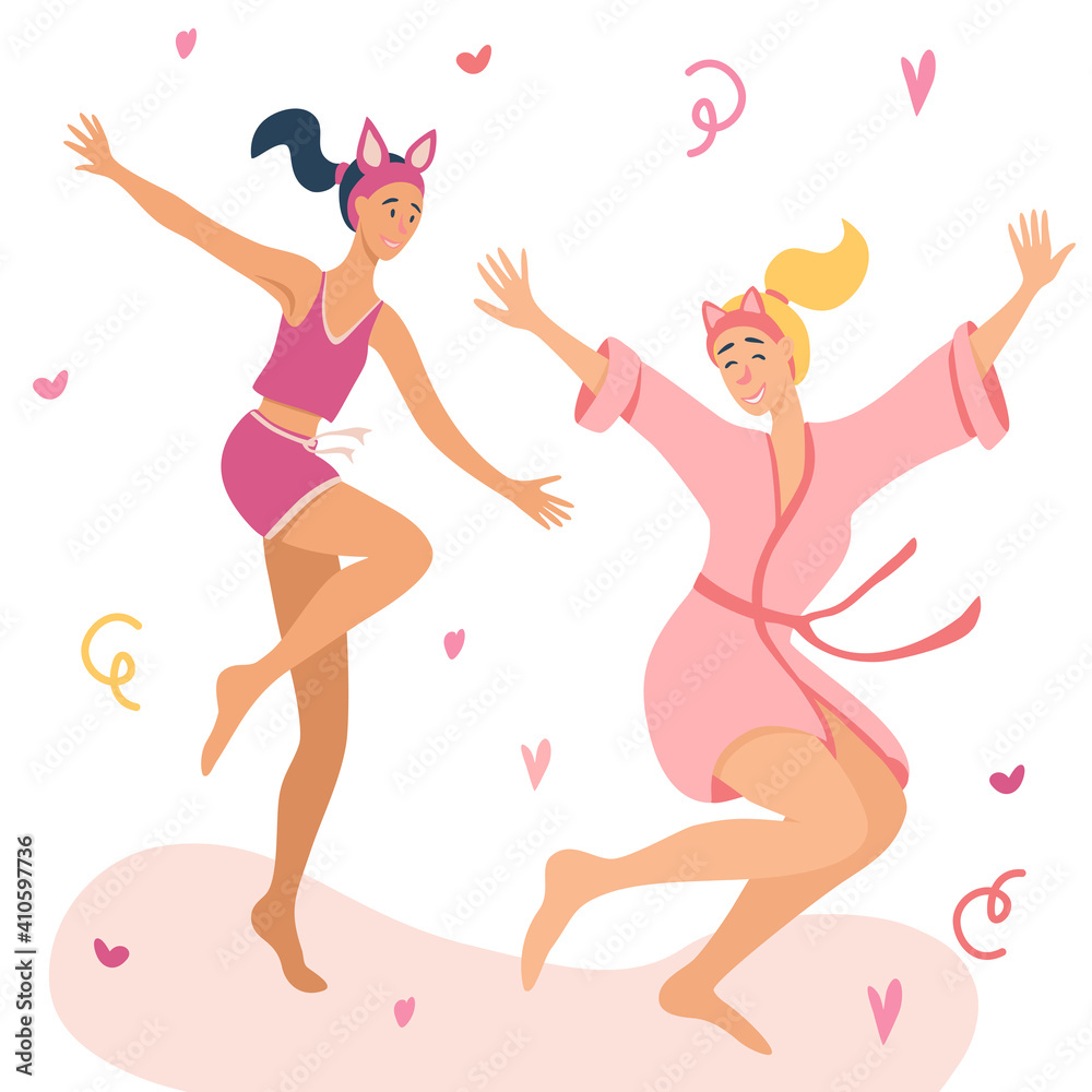 Two beautiful young girls having fun in pajamas. Young women, girls, teenagers have fun together. Cozy Pajama party vector cartoon illustration. Poster cover or banner for a fun event.