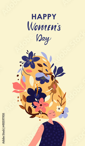 Beautiful Blonde Dreaming Woman with Flowers in Hair..International Women's Day.Relaxing Meditation.Psychoanalysis Healthcare.Template with Cute Woman,Flowers for Card,Poster,Flyer.Vector Illustration