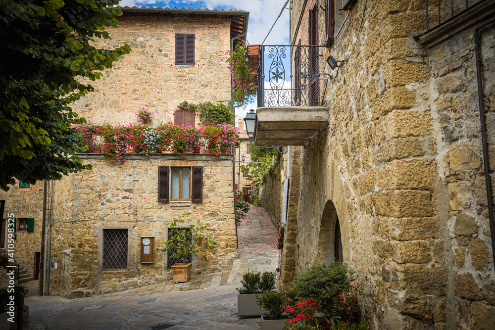 Narrow streets in the medieval village of Montichiello, Pienza, Siena, Italy