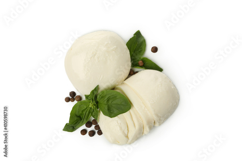 Mozzarella cheese, pepper and basil isolated on white background