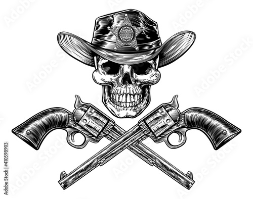 Cowboy skull grim reaper wearing hat with a pair of crossed hand guns or pistols drawn in a vintage retro woodblock engraved style