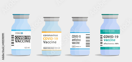 Different types of covid vaccine vial bottles. Stop pandemic, health care, immunization, vaccination concept. Covid-19 prevention therapy for adult and children. Colorful flat vector illustration. photo