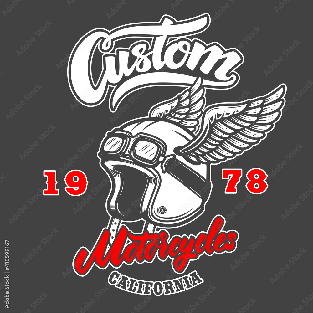 Custom motorcycles. Emblem template with winged racer helmet. Design element for logo, label, sign, emblem, poster. Vector illustration