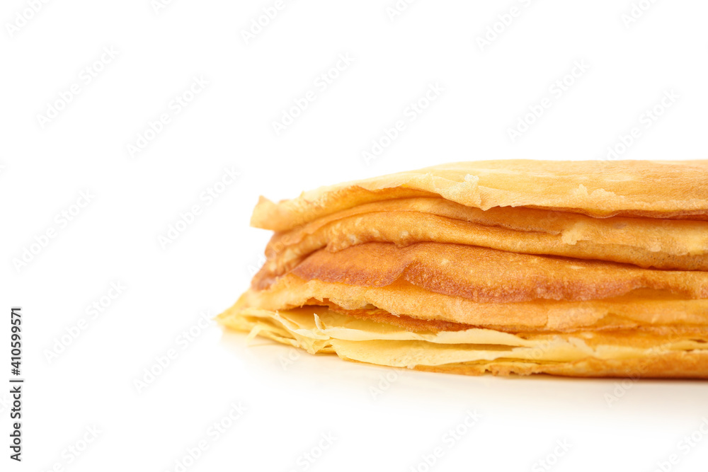 Tasty thin pancakes isolated on white background Tasty thin pancakes isolated on white background