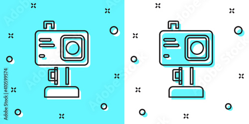 Black line Action extreme camera icon isolated on green and white background. Video camera equipment for filming extreme sports. Random dynamic shapes. Vector.