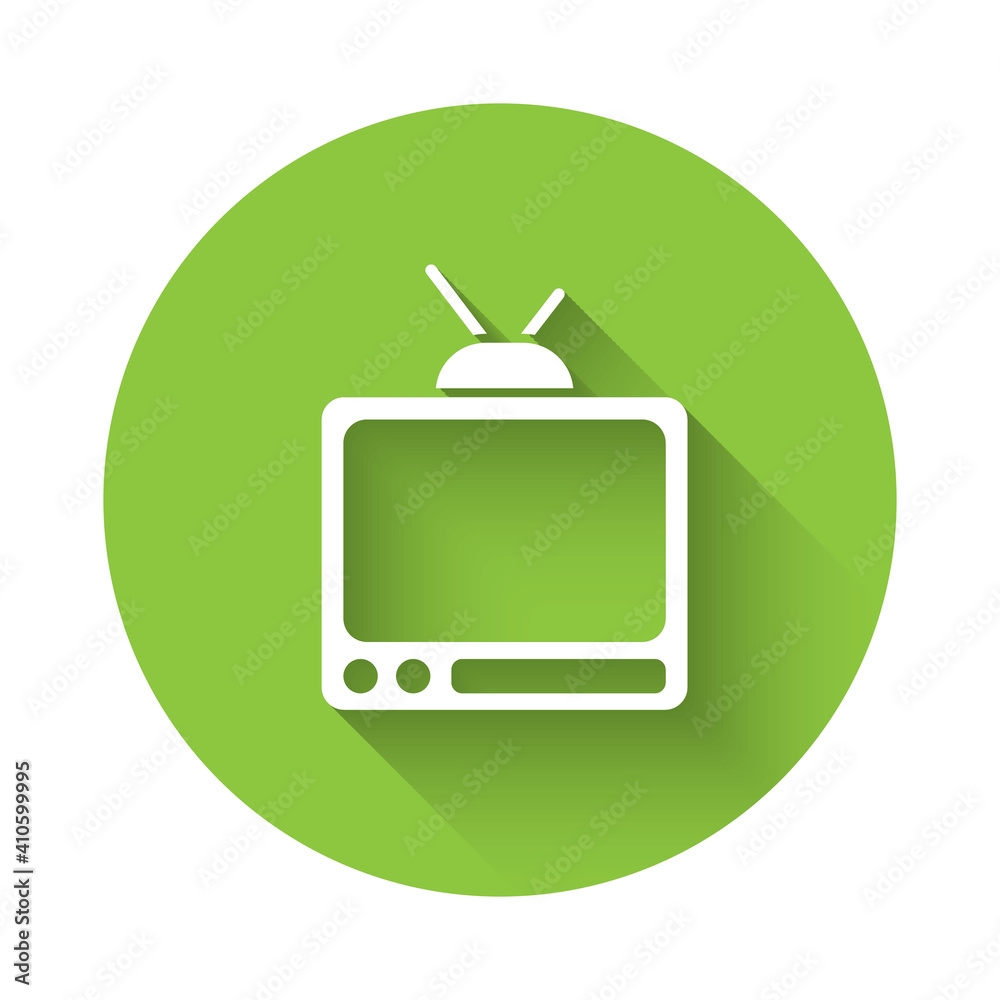 White Retro tv icon isolated with long shadow. Television sign. Green circle button. Vector. White Retro tv icon isolated with long shadow. Television sign. Green circle button. Vector.