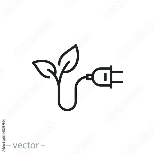 plug with leaf icon, green energy concept, eco power, renewable electricity, thin line symbol on white background - editable stroke vector illustration