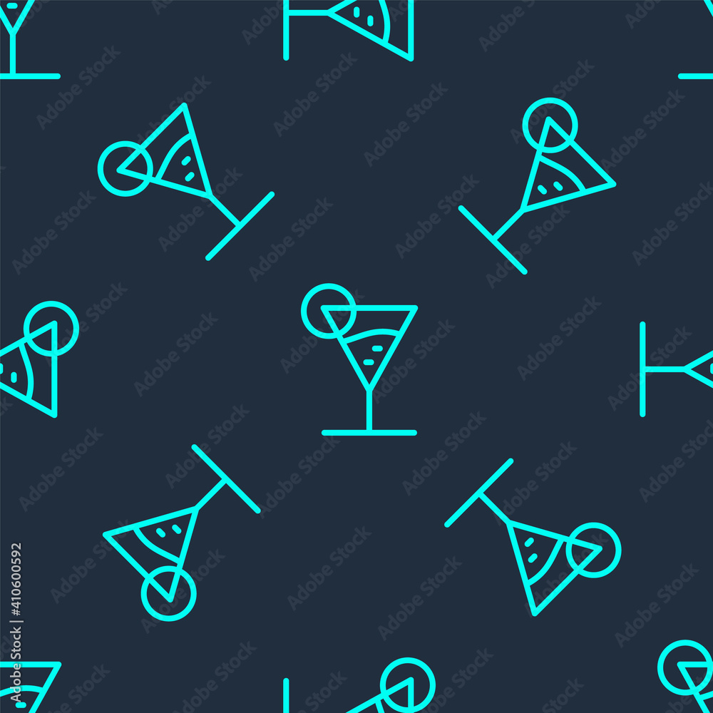 Green line Martini glass icon isolated seamless pattern on blue background. Cocktail icon. Wine glass icon. Vector Illustration. Green line Martini glass icon isolated seamless pattern on blue background. Cocktail icon. Wine glass icon. Vector Illustration.