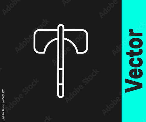 White line Medieval axe icon isolated on black background. Battle axe, executioner axe. Medieval weapon. Vector.