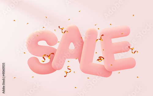Great discount sale banner or poster design on bright pink background. Sale word composition with golden confetti.
