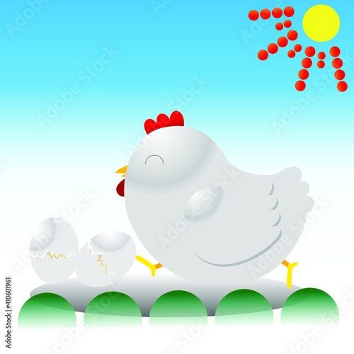 a chicken and two cute eggs under the sun, the animal character design is suitable for doll models, t-shirts, wallpaper printing etc