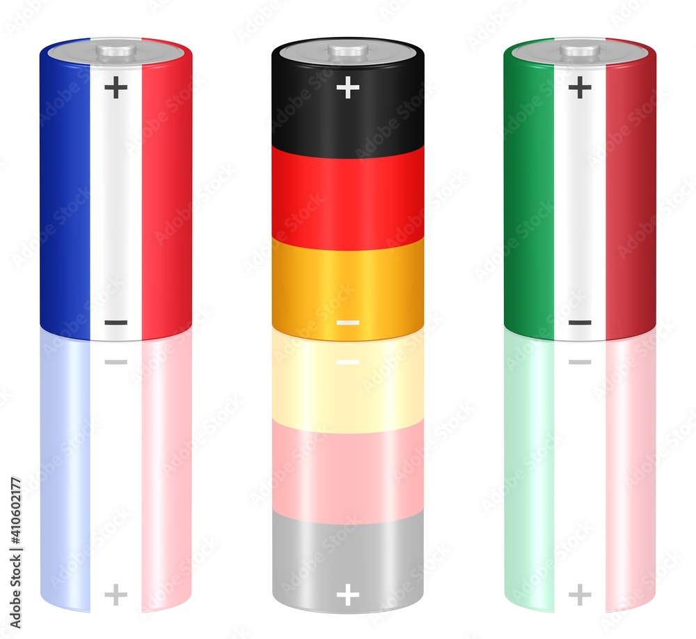 Batterien in den Farben der Flaggen Frankreichs, Deutschlands und Italiens Batterien in den Farben der Flaggen Frankreichs, Deutschlands und Italiens