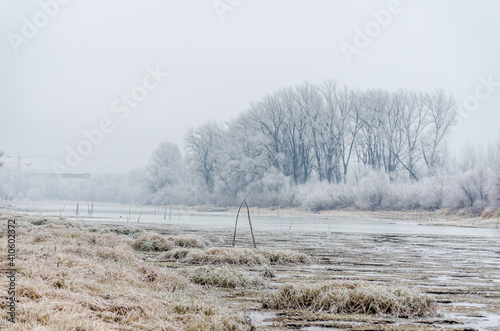 The first snow over the tributary of the Danube near the city of Novi Sad, Serbia