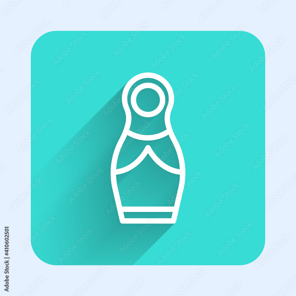White line Russian doll matryoshka icon isolated with long shadow. Green square button. Vector. White line Russian doll matryoshka icon isolated with long shadow. Green square button. Vector.