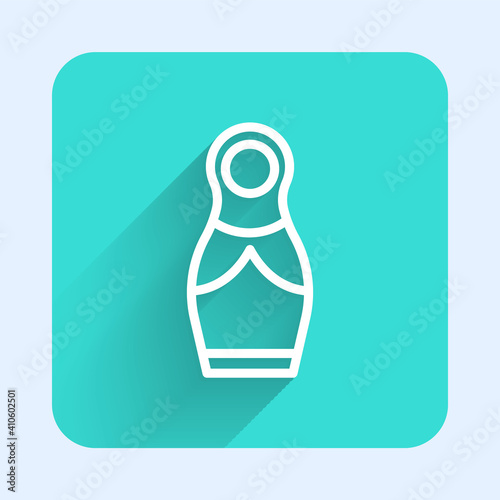 White line Russian doll matryoshka icon isolated with long shadow. Green square button. Vector.