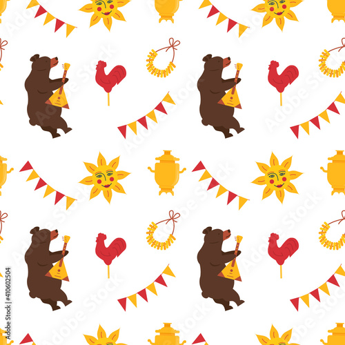 Seamless Pattern for Maslenitsa Pancake week. A bear playing on balalaika. Samovar, folk ethnic sun, bublik, sweet cockerel, decoration. Russian Winter Festival. Slavic Holiday Shrovetide. Vector.
