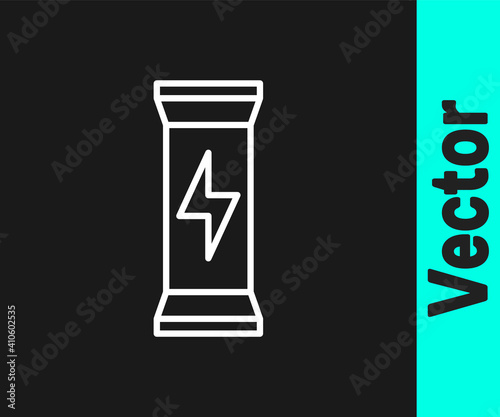 White line Sports nutrition bodybuilding proteine power drink and food icon isolated on black background. Vector.