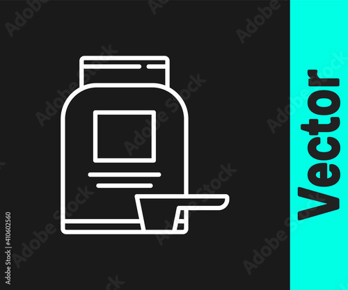 White line Sports nutrition bodybuilding proteine power drink and food icon isolated on black background. Vector.