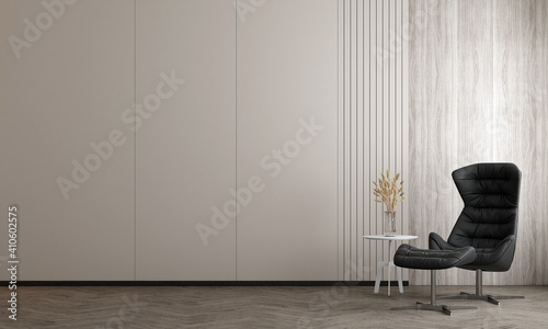 Fototapeta Naklejka Na Ścianę i Meble -  Interior design mock up of living room with stylish modular black armchairs , wooden floor, plants, neutral room divider, decoration and elegant accessories, Modern home decor, wood wall, 3D rendering