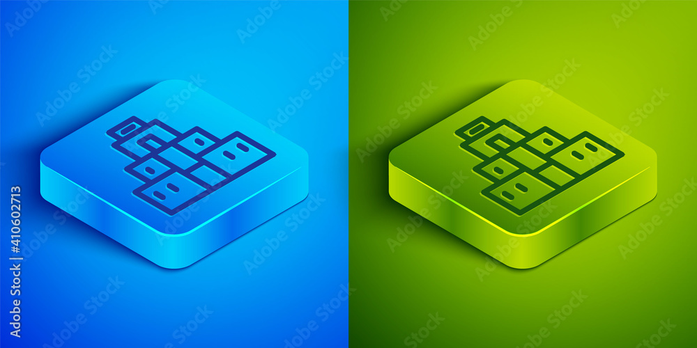 Isometric line Chichen Itza in Mayan icon isolated on blue and green background. Ancient Mayan pyramid. Famous monument of Mexico. Square button. Vector. Isometric line Chichen Itza in Mayan icon isolated on blue and green background. Ancient Mayan pyramid. Famous monument of Mexico. Square button. Vector.