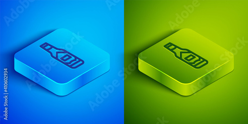 Isometric line Tabasco sauce icon isolated on blue and green background. Chili cayenne spicy pepper sauce. Square button. Vector.