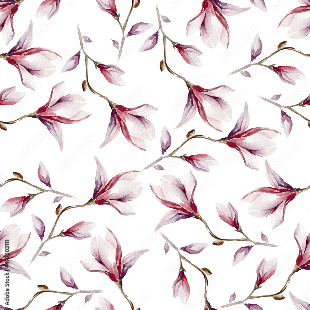 Fototapeta premium watercolor pink magnolia seamless pattern