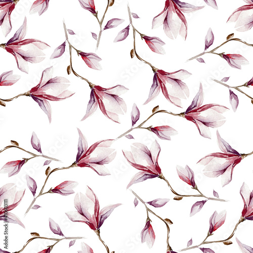 watercolor pink magnolia seamless pattern