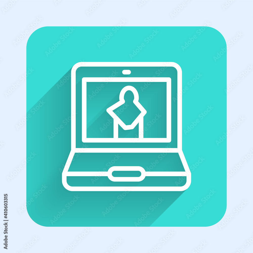 White line Online museum icon isolated with long shadow. Museum gallery. Green square button. Vector. White line Online museum icon isolated with long shadow. Museum gallery. Green square button. Vector.