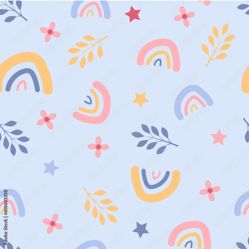 Cute seamless pattern with boho rainbow and floral elements