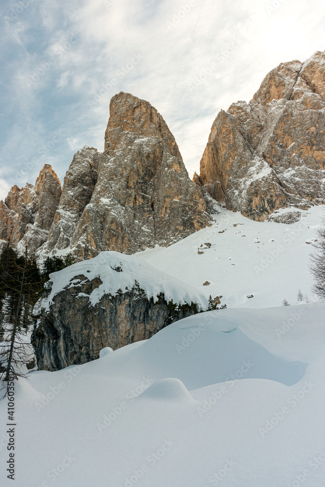 The rocky Odles in Funes Southtyrol, Italy, Dolomites by UNESCO as a serial world natural heritage in the winter cortina