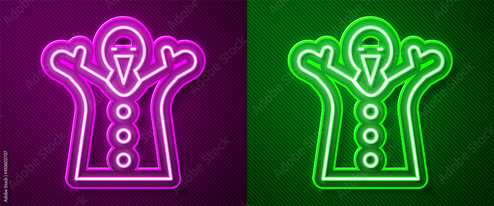 Glowing neon line Toy puppet doll on hand icon isolated on purple and green background. Vector. Glowing neon line Toy puppet doll on hand icon isolated on purple and green background. Vector.