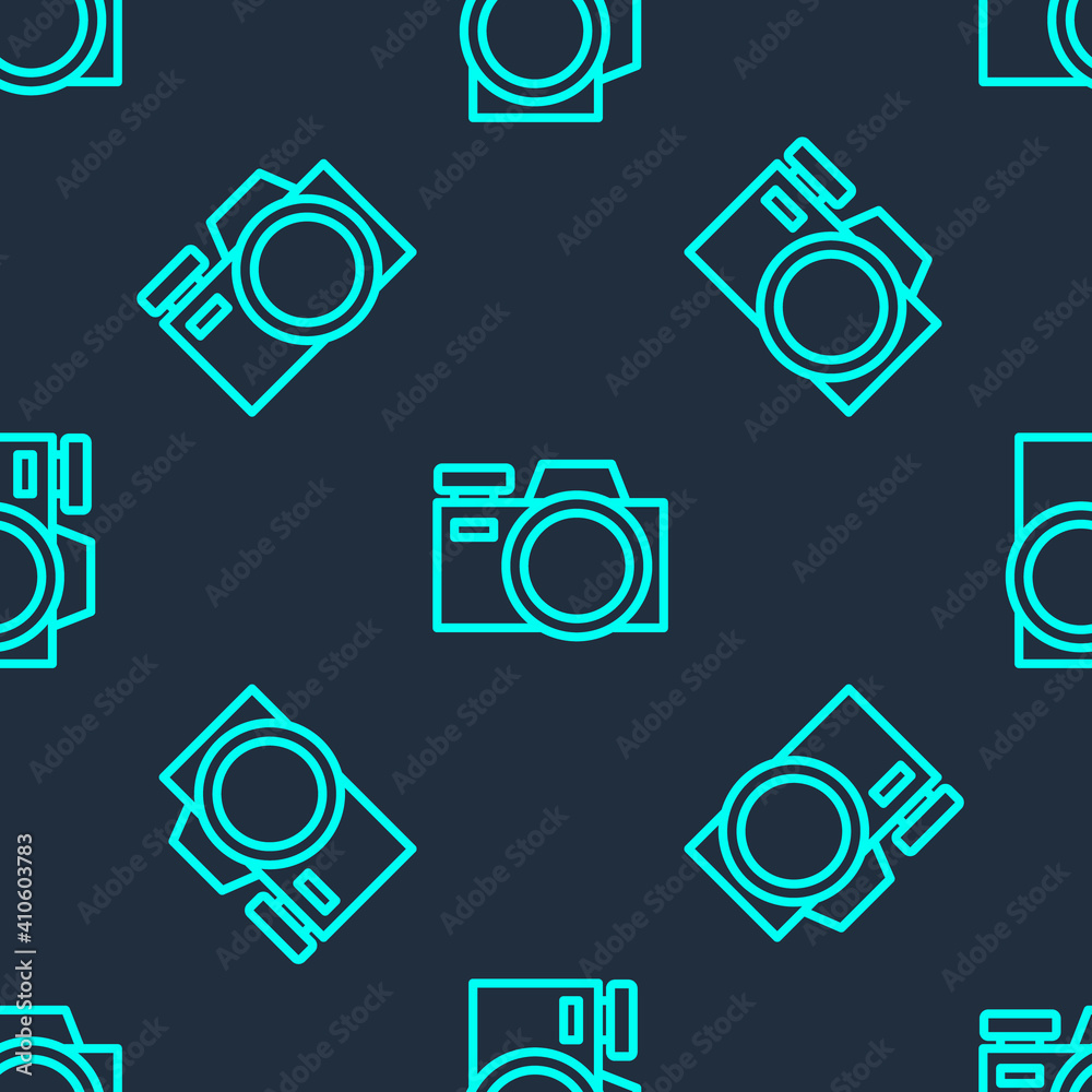 Green line Photo camera icon isolated seamless pattern on blue background. Foto camera icon. Vector. Green line Photo camera icon isolated seamless pattern on blue background. Foto camera icon. Vector.