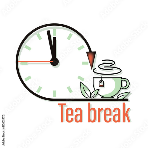 Tea break. Clock, tea time icon, emblem. Green tea. Cup, green fresh mint leaves. Design for web, app, packaging materials. Vector graphic illustration isolated on white background.