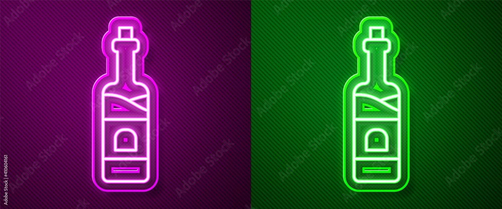 Glowing neon line Bottle of wine icon isolated on purple and green background. Vector. Glowing neon line Bottle of wine icon isolated on purple and green background. Vector.