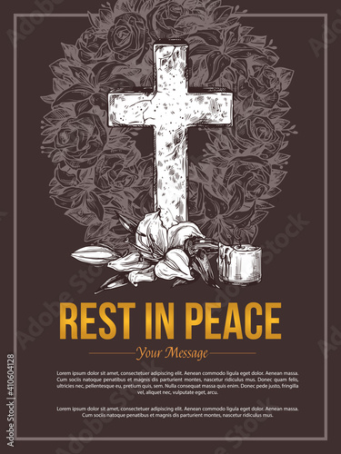 Funeral service vector hand drawn design of banners or rip massage card. Sketch illustration for condolence card with stone cross, white lily, flower mortuary wreath and extinct candle
