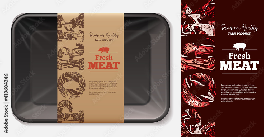 Package design for farm fresh meat food, pork, ham, fillet with stylish ...