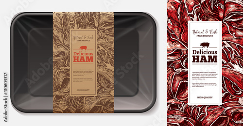 Package design for farm fresh meat food, pork, ham, beef fillet with typography and sketch hand drawn slice of jamon on craft paper label or tag. Plastic foam butcher container realistic vector mockup