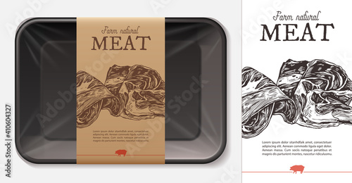 Package design for farm fresh meat food, pork, ham, beef fillet with typography and sketch hand drawn slice of jamon on craft paper label or tag. Plastic foam butcher container realistic vector mockup