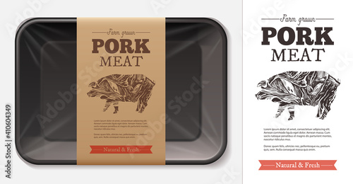 Package design for farm fresh meat food, pork, ham, fillet with typography and sketch hand drawn pig silhouette on craft paper label or tag. Plastic foam butcher container realistic vector mockup