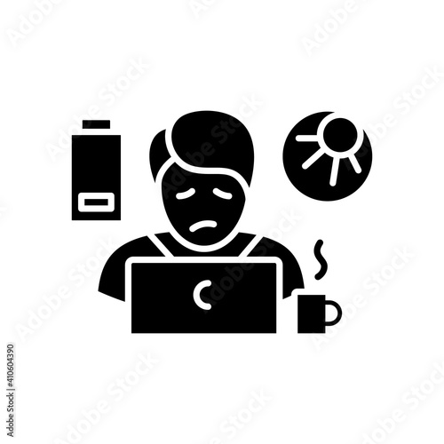 Daytime fatigue glyph icon. Narcolepsy. Sleep disorder. Healthy sleeping concept. Sleep problems treatment. Falling asleep in day time. Filled flat sign. Isolated silhouette vector illustration