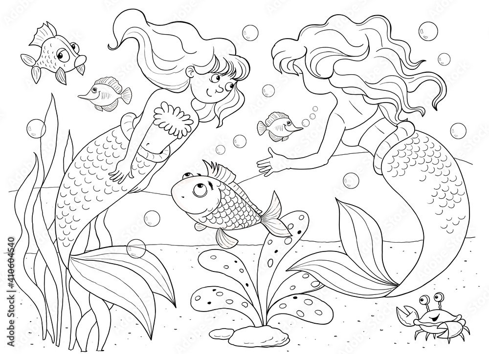 Fototapeta premium The little mermaid. Fairy tale. Coloring page. Illustration for children. Cute and funny cartoon characters