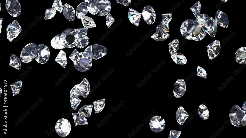 3D slow motion animation of the falling shining diamonds rendered in UHD with alpha matte