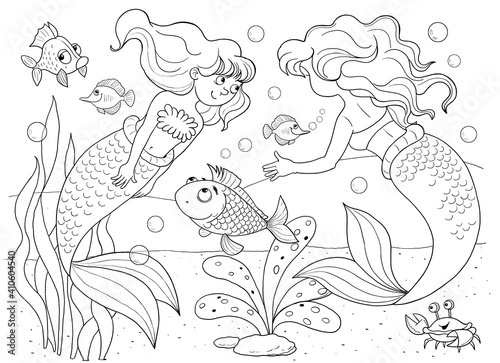 The little mermaid. Fairy tale. Coloring page. Illustration for children. Cute and funny cartoon characters