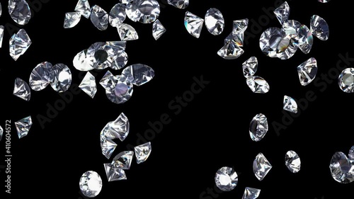 3D slow motion animation of the falling shining diamonds rendered in UHD with alpha matte