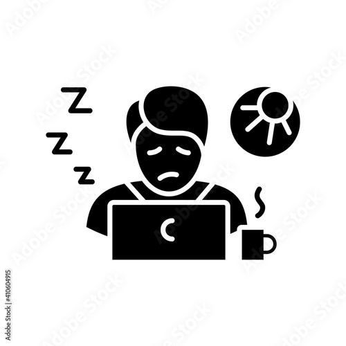 Narcolepsy glyph icon. Sleep disorder. Healthy sleeping concept. Sleep problems treatment. Falling asleep in day time. Health care.Filled flat sign. Isolated silhouette vector illustration