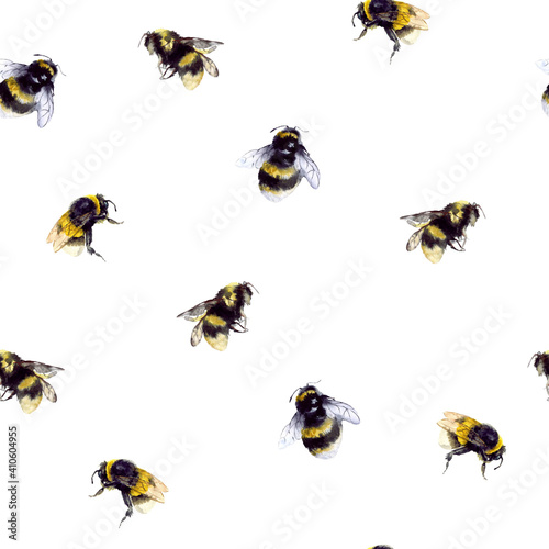 Seamless cartridges with bumblebees and bees on a white background. Insect pattern. Honey pattern. Design for your packaging, wallpaper, fabric and more © Татьяна Комцян