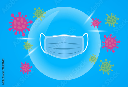 Blue antiviral medical face mask protection against coronavirus. Realistic Protective Medical face mask. Virus protection. Medical mask or Protective mask isolated on blue background.