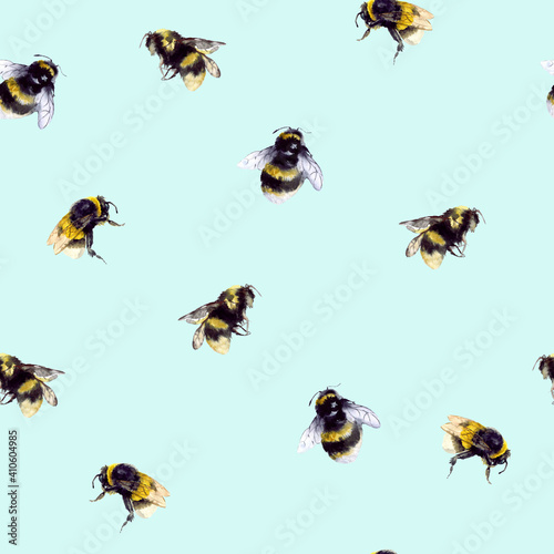 Seamless cartridges with bumblebees and bees on a blue background. Insect pattern. Honey pattern. Design for your packaging, wallpaper, fabric and more © Татьяна Комцян