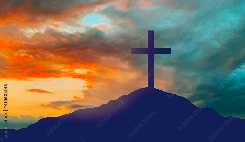 crucifixion, religion and christianity concept - silhouette of cross on calvary hill over sky background